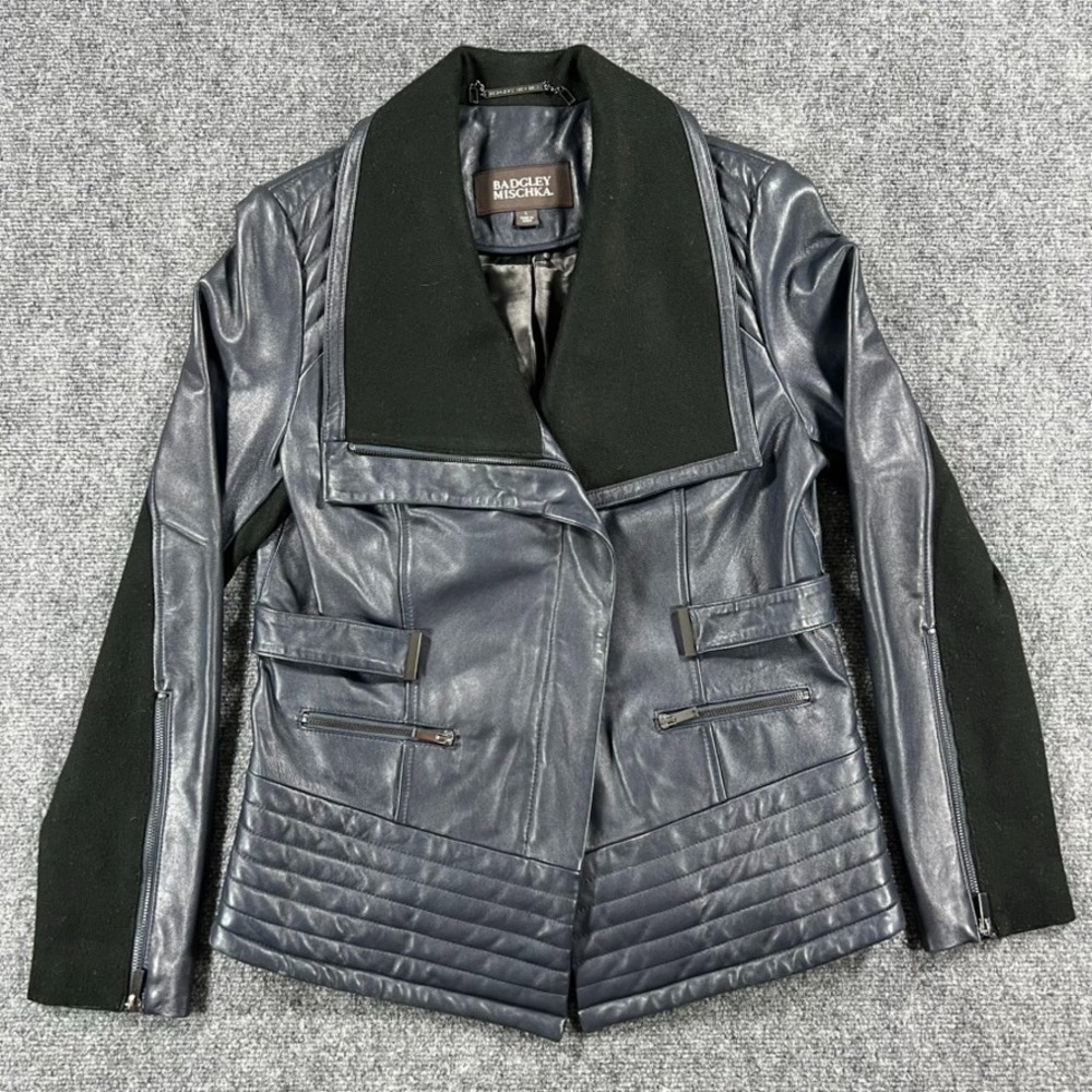 Badgley Mischka Jacket Womens Large Blue Leather Quilted Moto Zip Collared Biker